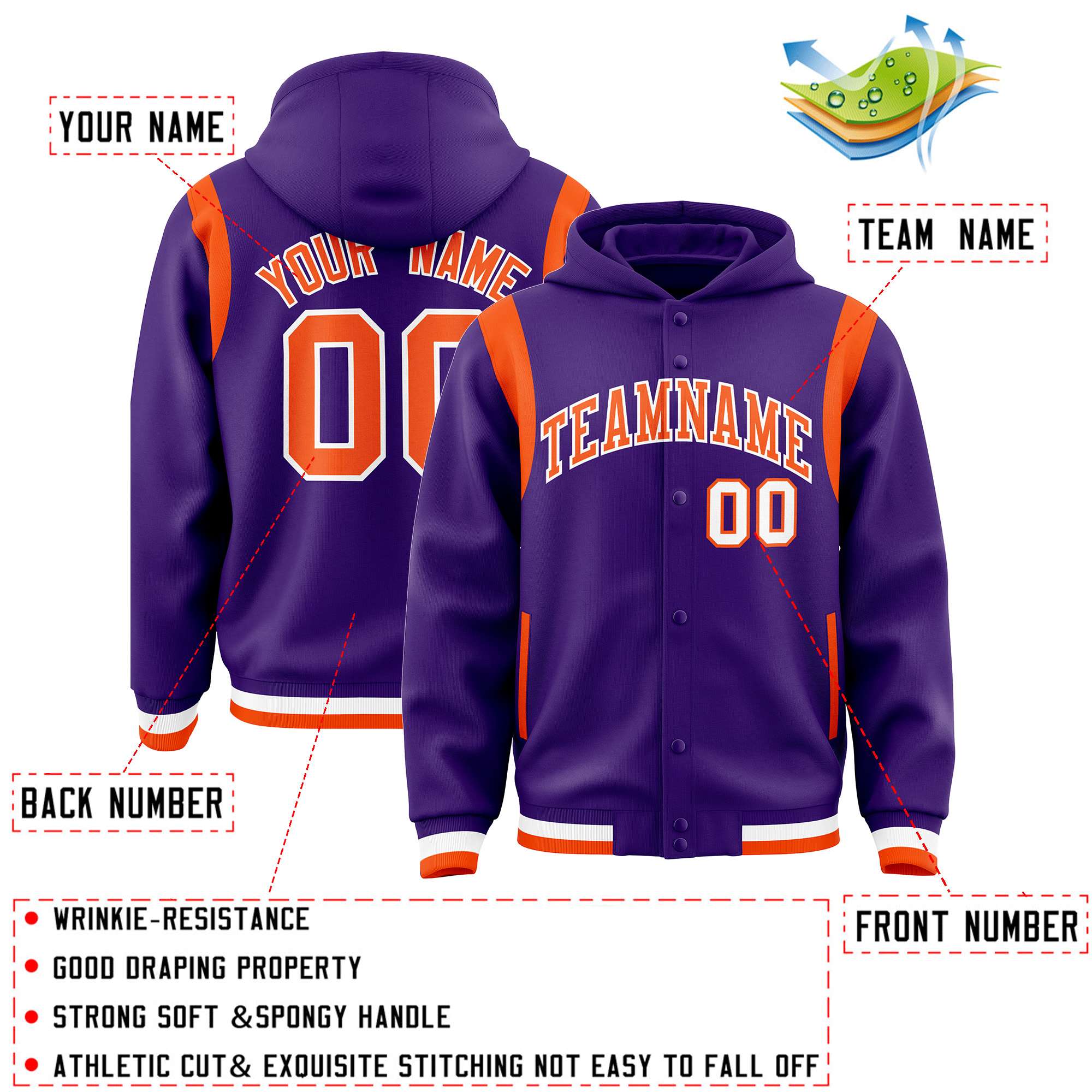 Custom Purple Orange Varsity Full-Snap Letterman Shoulder Color Block Hoodie Jacket