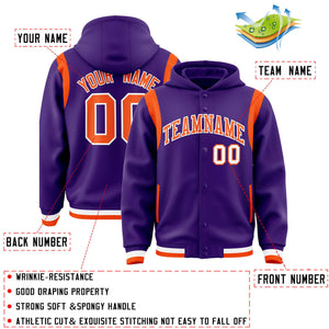 Custom Purple Orange Varsity Full-Snap Letterman Shoulder Color Block Hoodie Jacket