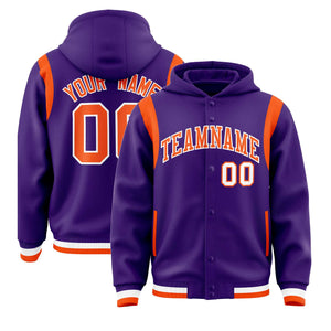 Custom Purple Orange Varsity Full-Snap Letterman Shoulder Color Block Hoodie Jacket