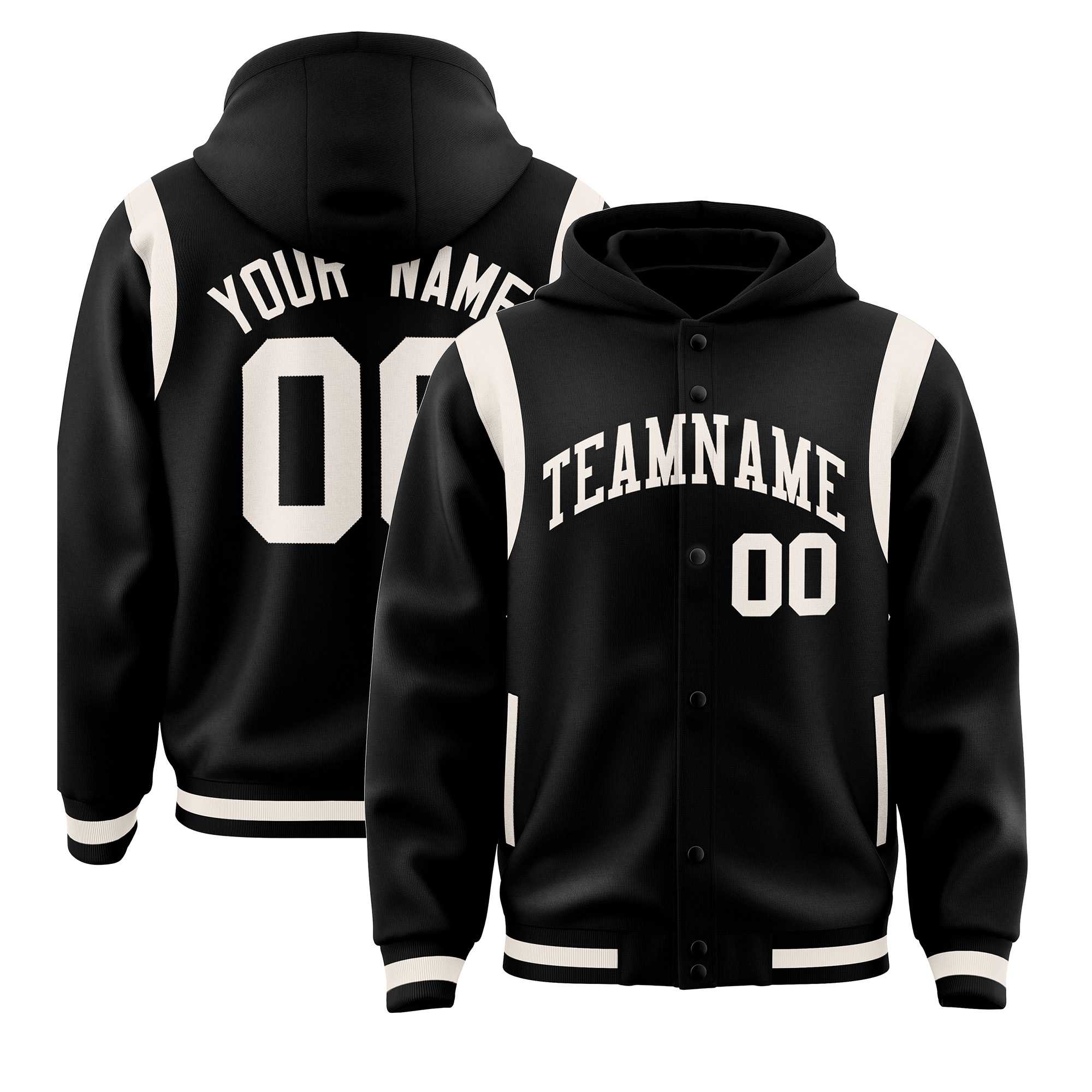 Custom Black Cream Varsity Full-Snap Letterman Shoulder Color Block Hoodie Jacket