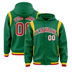 Custom Kelly Green Red Varsity Full-Snap Letterman Shoulder Color Block Hoodie Jacket