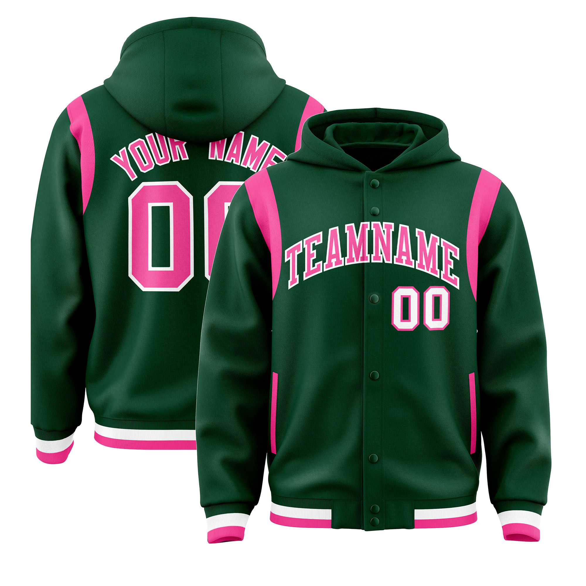 Custom Green Pink Varsity Full-Snap Letterman Shoulder Color Block Hoodie Jacket