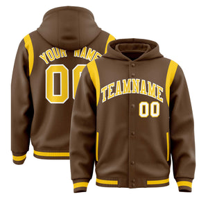 Custom Light Brown Gold Varsity Full-Snap Letterman Shoulder Color Block Hoodie Jacket