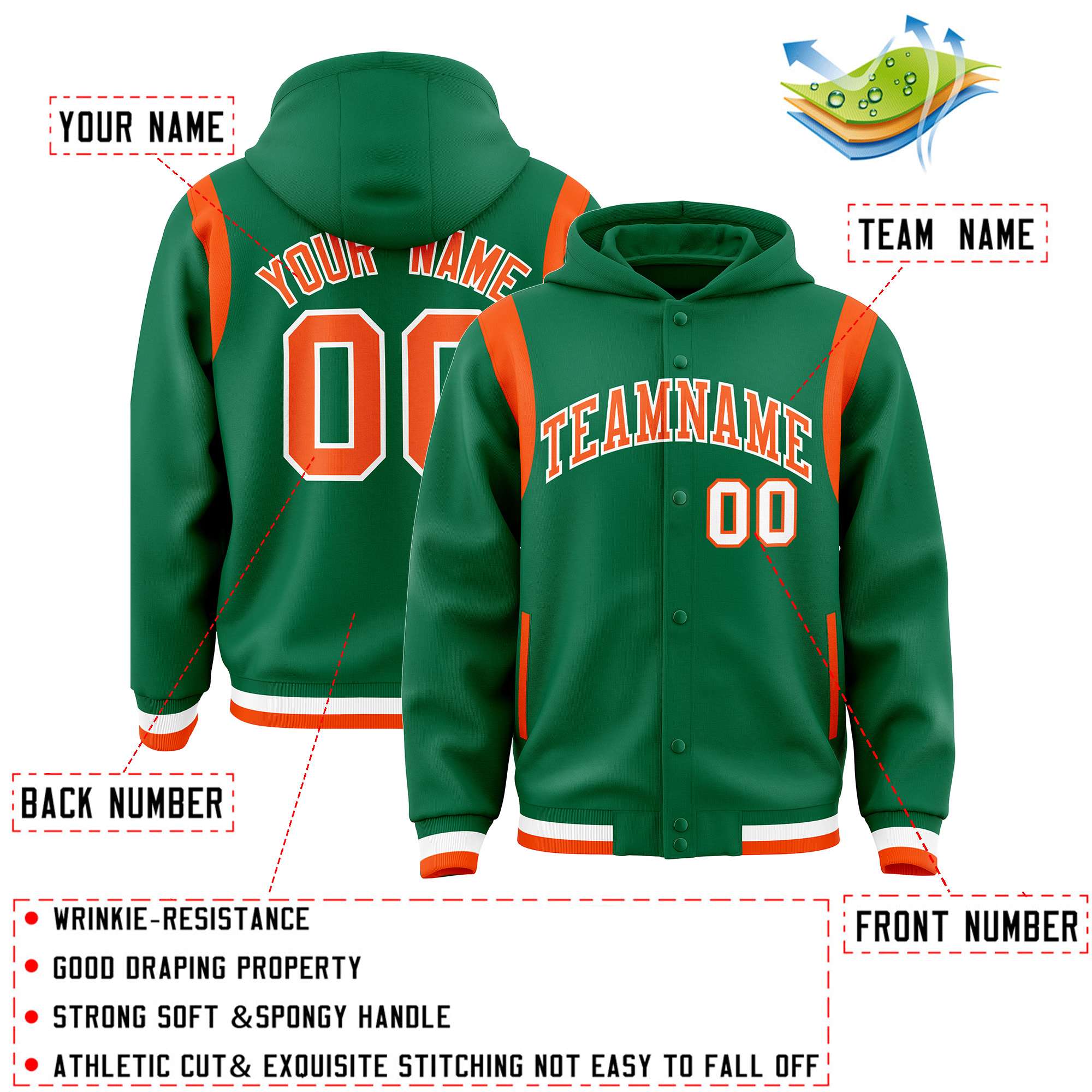 Custom Kelly Green Orange Varsity Full-Snap Letterman Shoulder Color Block Hoodie Jacket