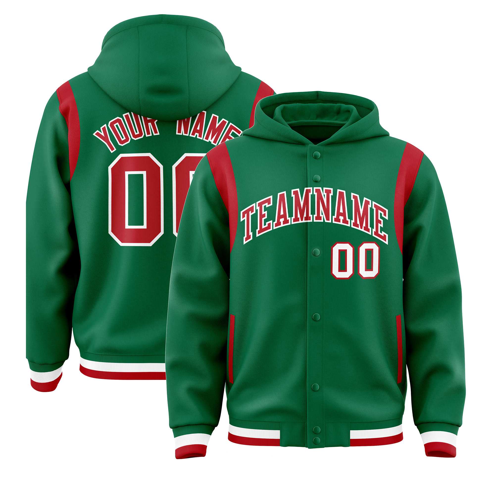 Custom Kelly Green Red Varsity Full-Snap Letterman Shoulder Color Block Hoodie Jacket