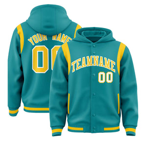 Custom Aqua Gold Varsity Full-Snap Letterman Shoulder Color Block Hoodie Jacket