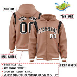 Custom Coffee Brown Black Varsity Full-Snap Letterman Shoulder Color Block Hoodie Jacket