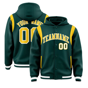 Custom Midnight Green Gold Varsity Full-Snap Letterman Shoulder Color Block Hoodie Jacket