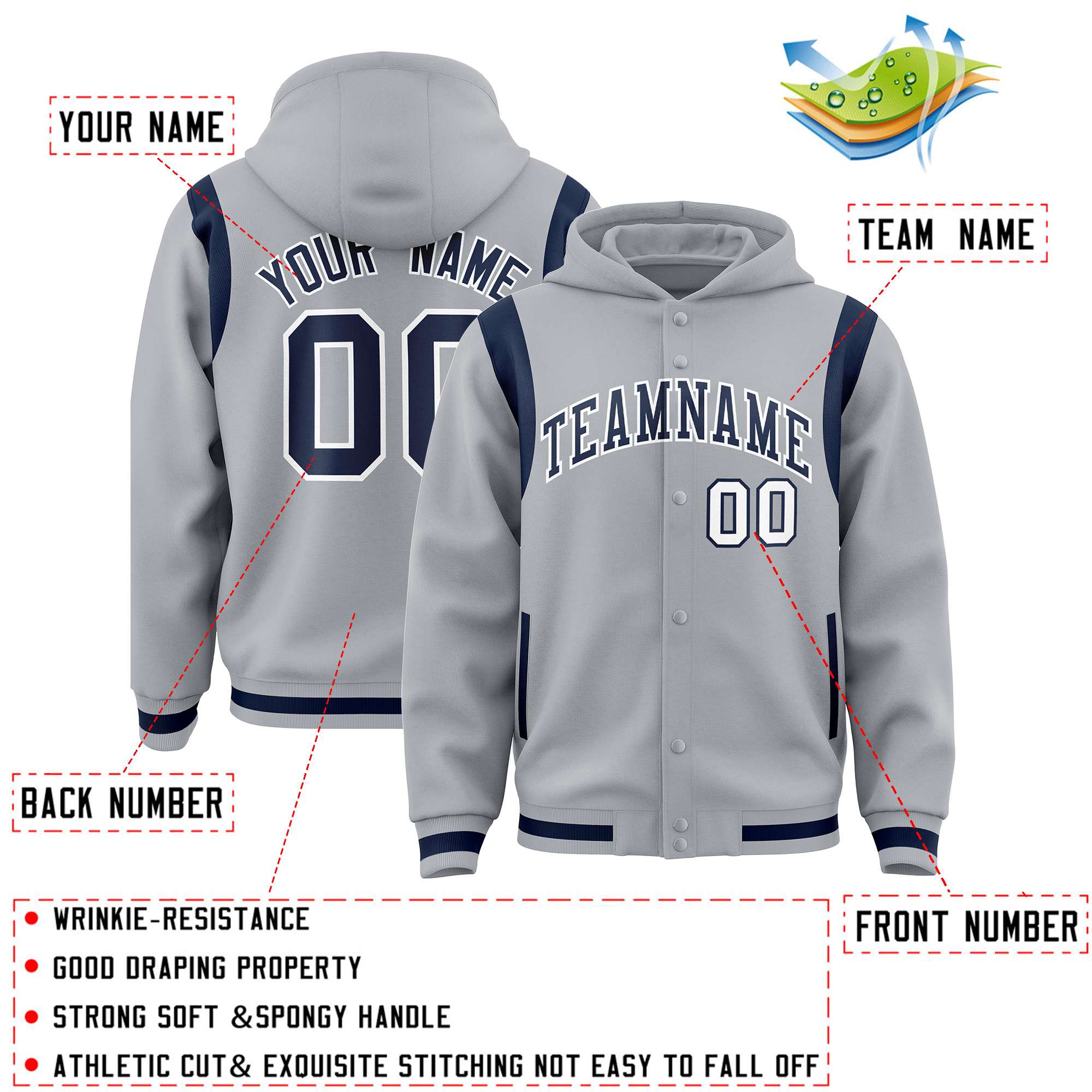 Custom Silver Navy Varsity Full-Snap Letterman Shoulder Color Block Hoodie Jacket