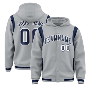 Custom Silver Navy Varsity Full-Snap Letterman Shoulder Color Block Hoodie Jacket