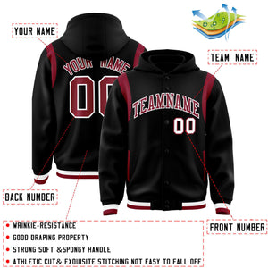 Custom Black Crimson Varsity Full-Snap Letterman Shoulder Color Block Hoodie Jacket