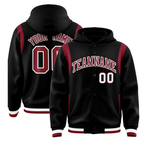 Custom Black Crimson Varsity Full-Snap Letterman Shoulder Color Block Hoodie Jacket