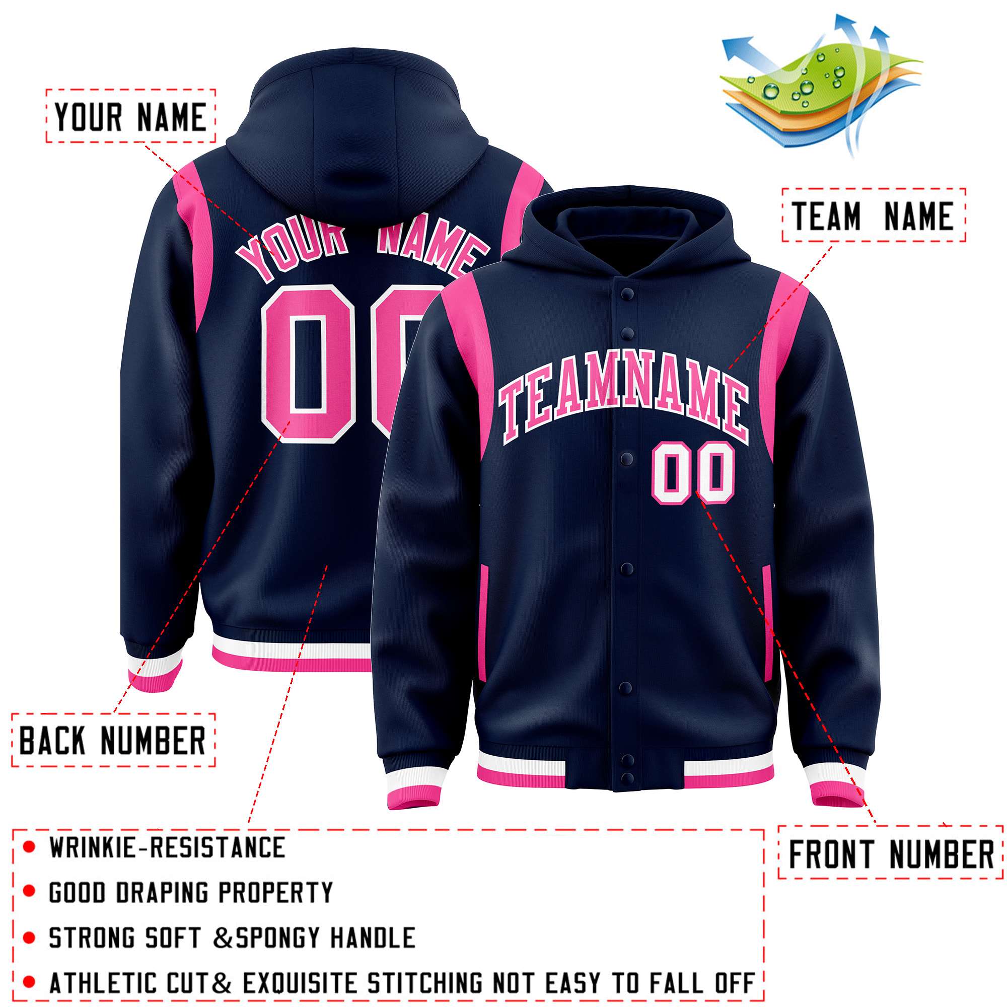 Custom Navy Pink Varsity Full-Snap Letterman Shoulder Color Block Hoodie Jacket