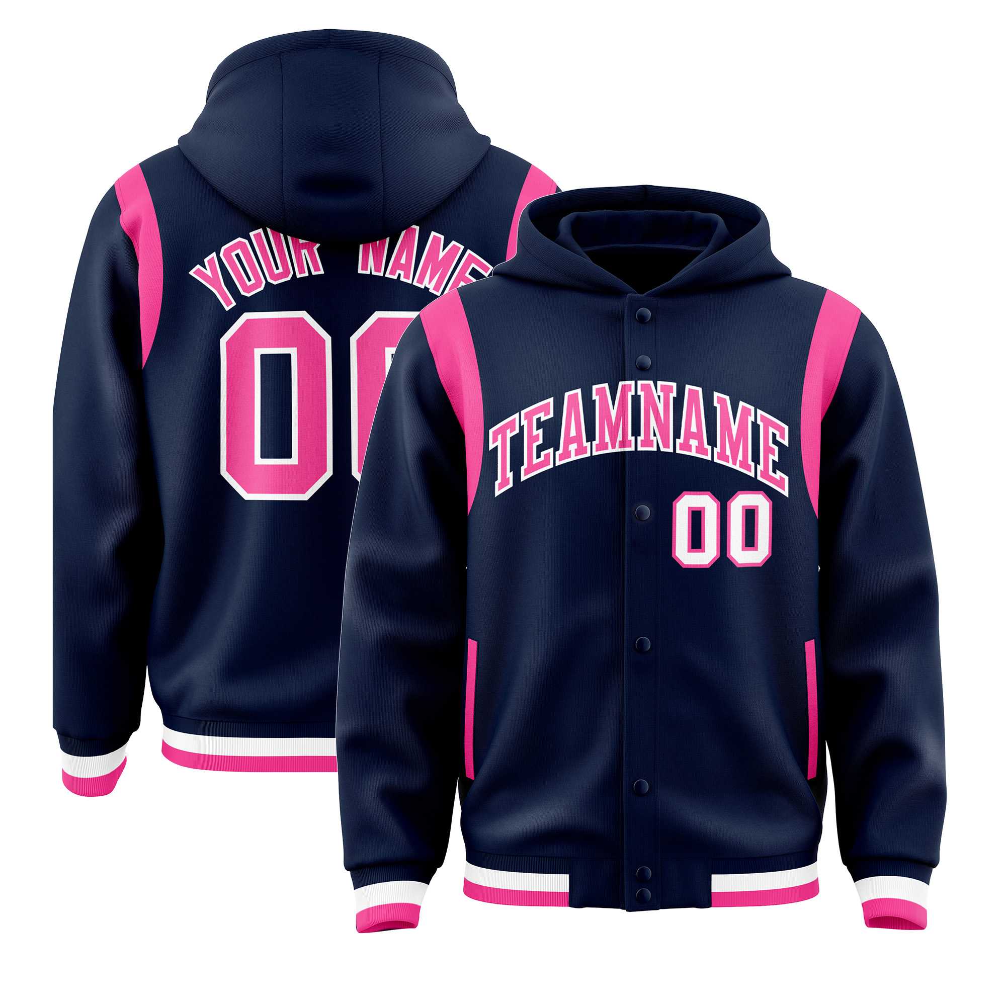 Custom Navy Pink Varsity Full-Snap Letterman Shoulder Color Block Hoodie Jacket