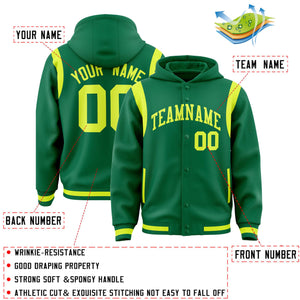 Custom Kelly Green Fluorescent Green Varsity Full-Snap Letterman Shoulder Color Block Hoodie Jacket