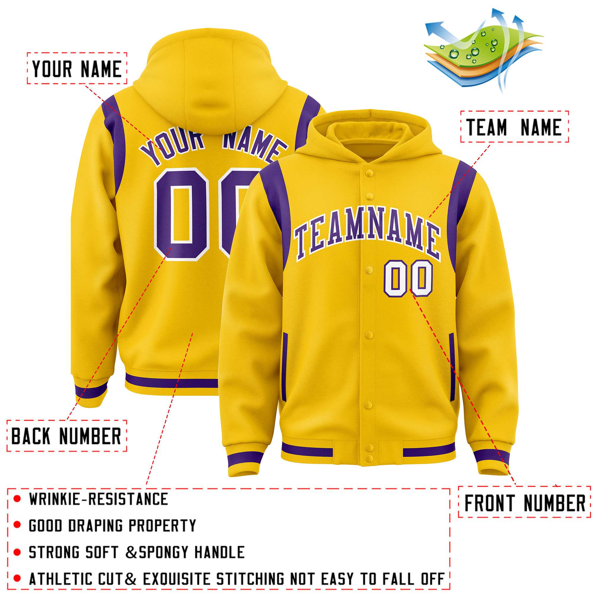 Custom Gold Purple Varsity Full-Snap Letterman Shoulder Color Block Hoodie Jacket