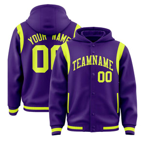 Custom Purple Fluorescent Green Varsity Full-Snap Letterman Shoulder Color Block Hoodie Jacket