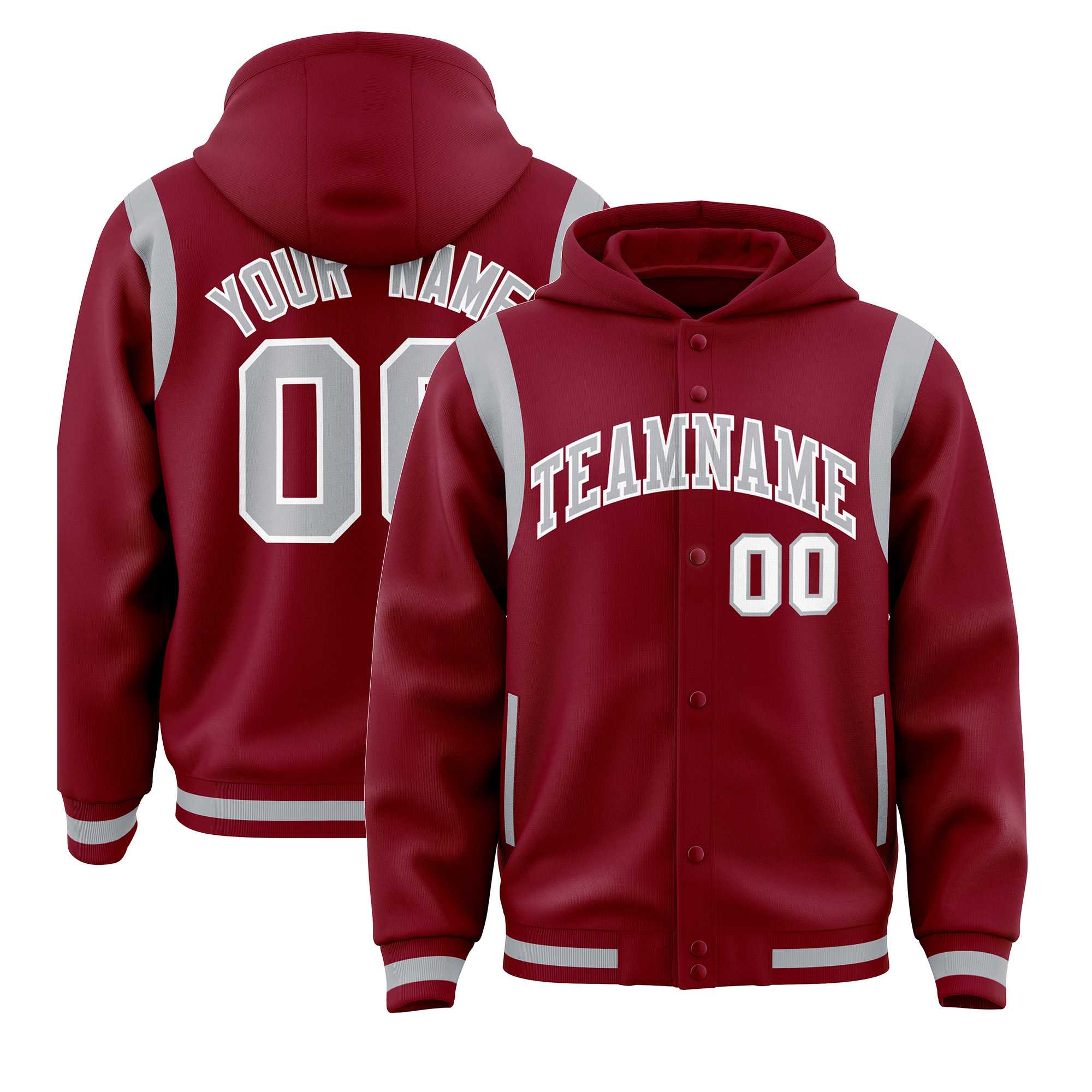 Custom Crimson Silver Varsity Full-Snap Letterman Shoulder Color Block Hoodie Jacket