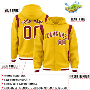 Custom Gold Crimson Varsity Full-Snap Letterman Shoulder Color Block Hoodie Jacket