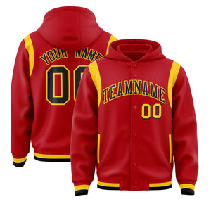 Custom Red Black Varsity Full-Snap Letterman Shoulder Color Block Hoodie Jacket