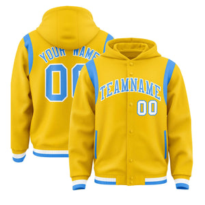 Custom Gold Powder Blue Varsity Full-Snap Letterman Shoulder Color Block Hoodie Jacket