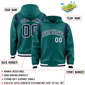 Custom Aqua Navy Varsity Full-Snap Letterman Shoulder Color Block Hoodie Jacket