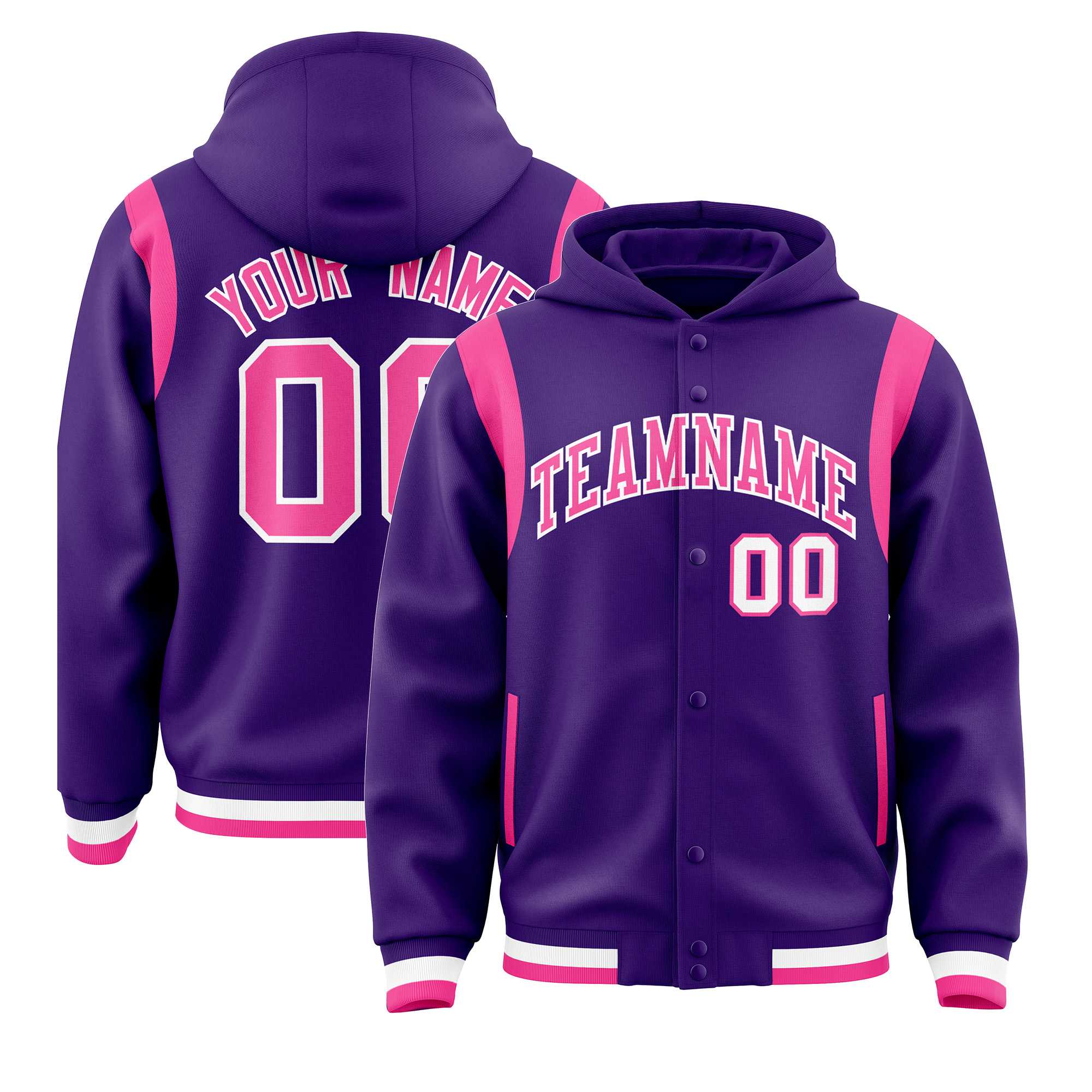 Custom Purple Pink Varsity Full-Snap Letterman Shoulder Color Block Hoodie Jacket