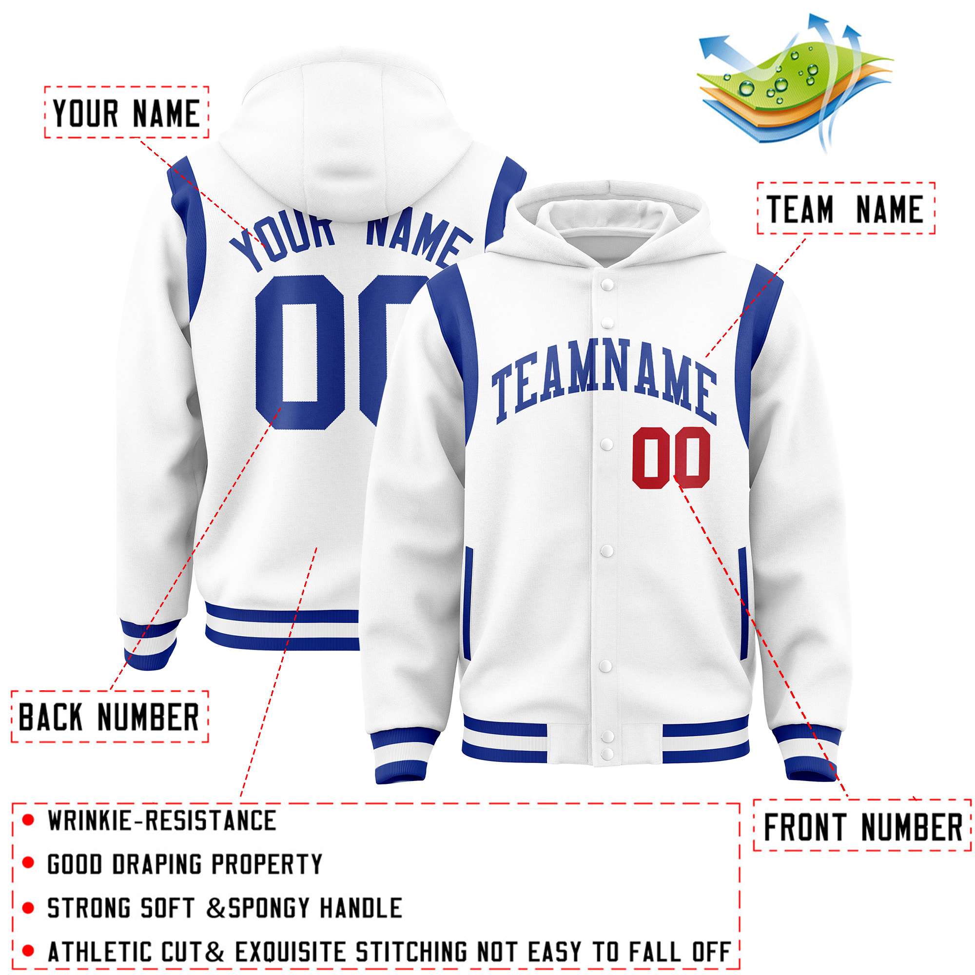 Custom White Royal Varsity Full-Snap Letterman Shoulder Color Block Hoodie Jacket