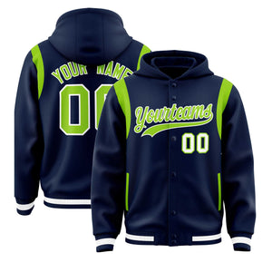 Custom Navy Neon Green Varsity Full-Snap Letterman Shoulder Color Block Hoodie Jacket