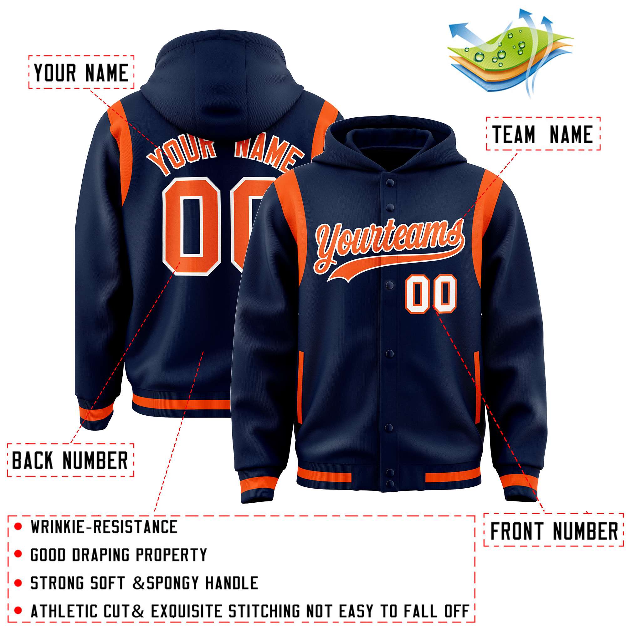 Custom Navy Orange Varsity Full-Snap Letterman Shoulder Color Block Hoodie Jacket