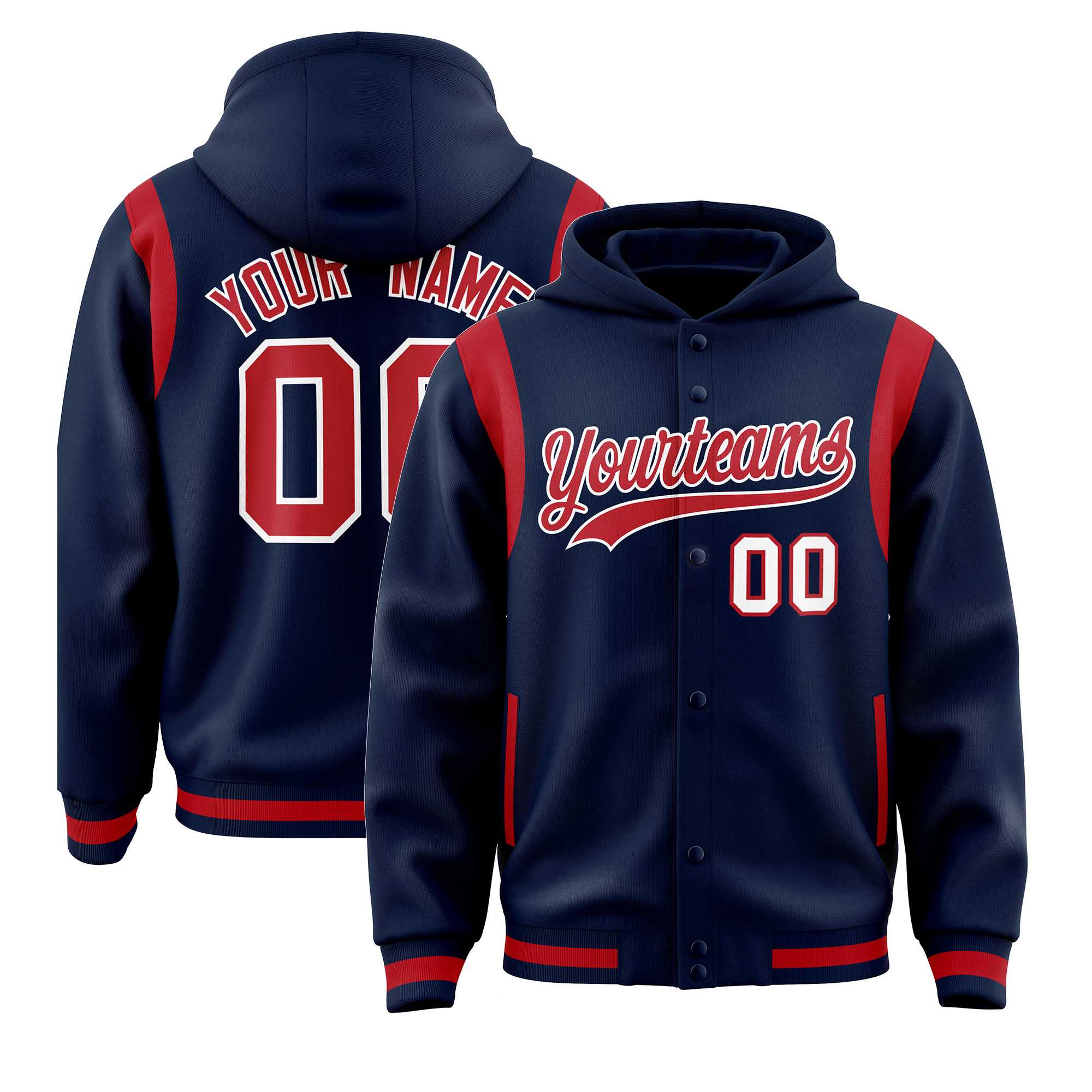 Custom Navy Red Varsity Full-Snap Letterman Shoulder Color Block Hoodie Jacket