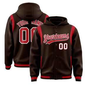 Custom Brown Red Varsity Full-Snap Letterman Shoulder Color Block Hoodie Jacket