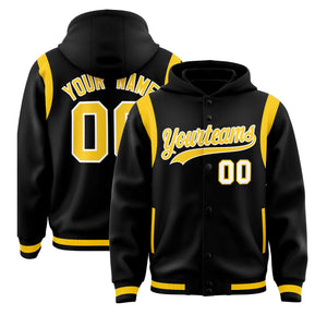 Custom Black Gold Varsity Full-Snap Letterman Shoulder Color Block Hoodie Jacket