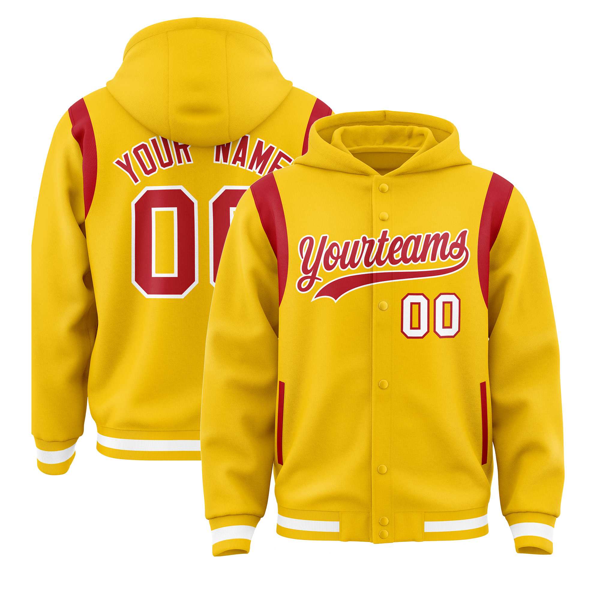 Custom Gold Red Varsity Full-Snap Letterman Shoulder Color Block Hoodie Jacket