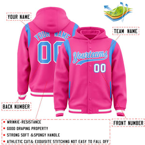 Custom Pink Powder Blue Varsity Full-Snap Letterman Shoulder Color Block Hoodie Jacket