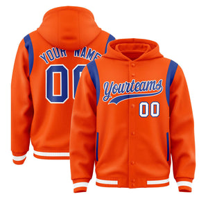 Custom Orange Royal Varsity Full-Snap Letterman Shoulder Color Block Hoodie Jacket