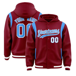 Custom Crimson Powder Blue Varsity Full-Snap Letterman Shoulder Color Block Hoodie Jacket