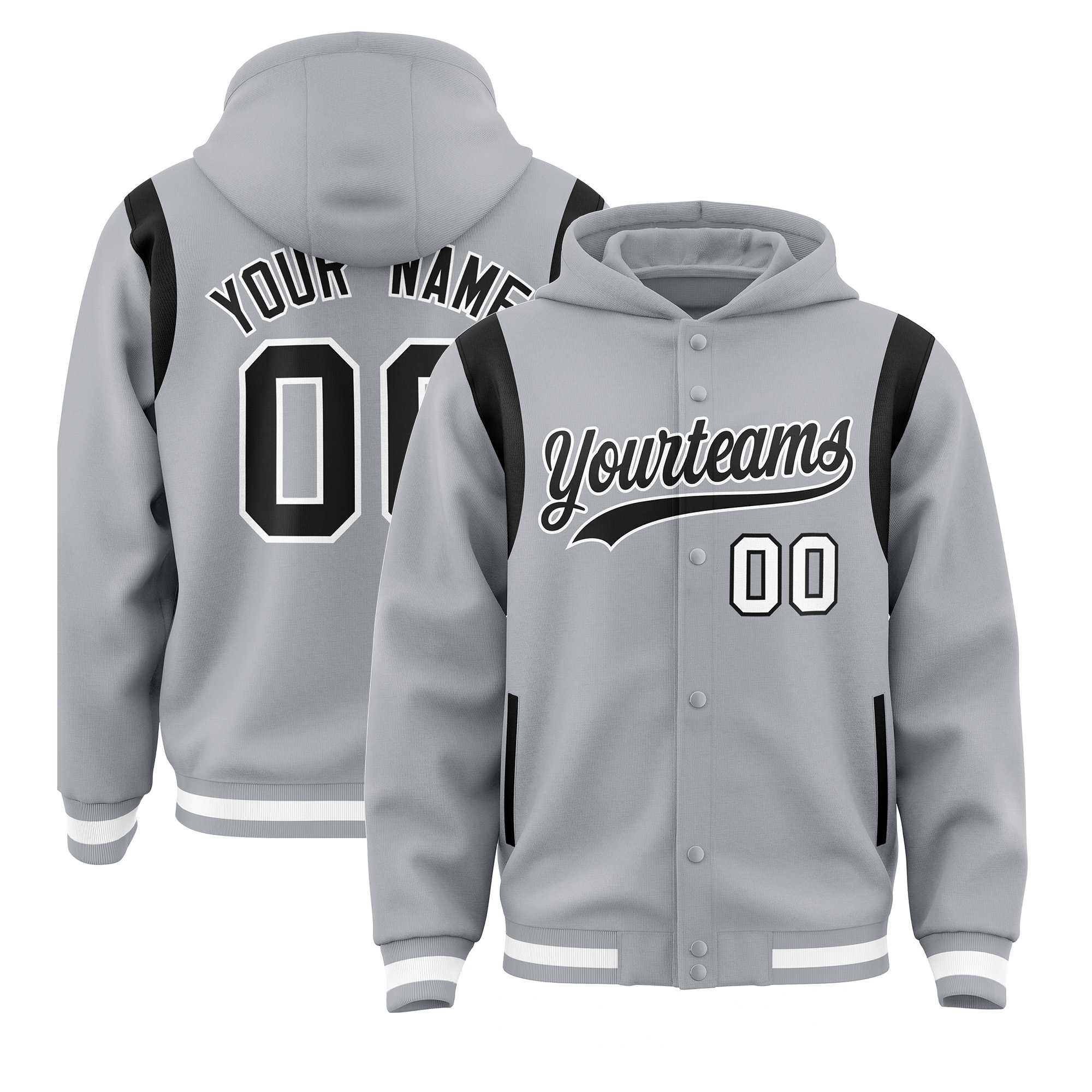 Custom Silver Black Varsity Full-Snap Letterman Shoulder Color Block Hoodie Jacket