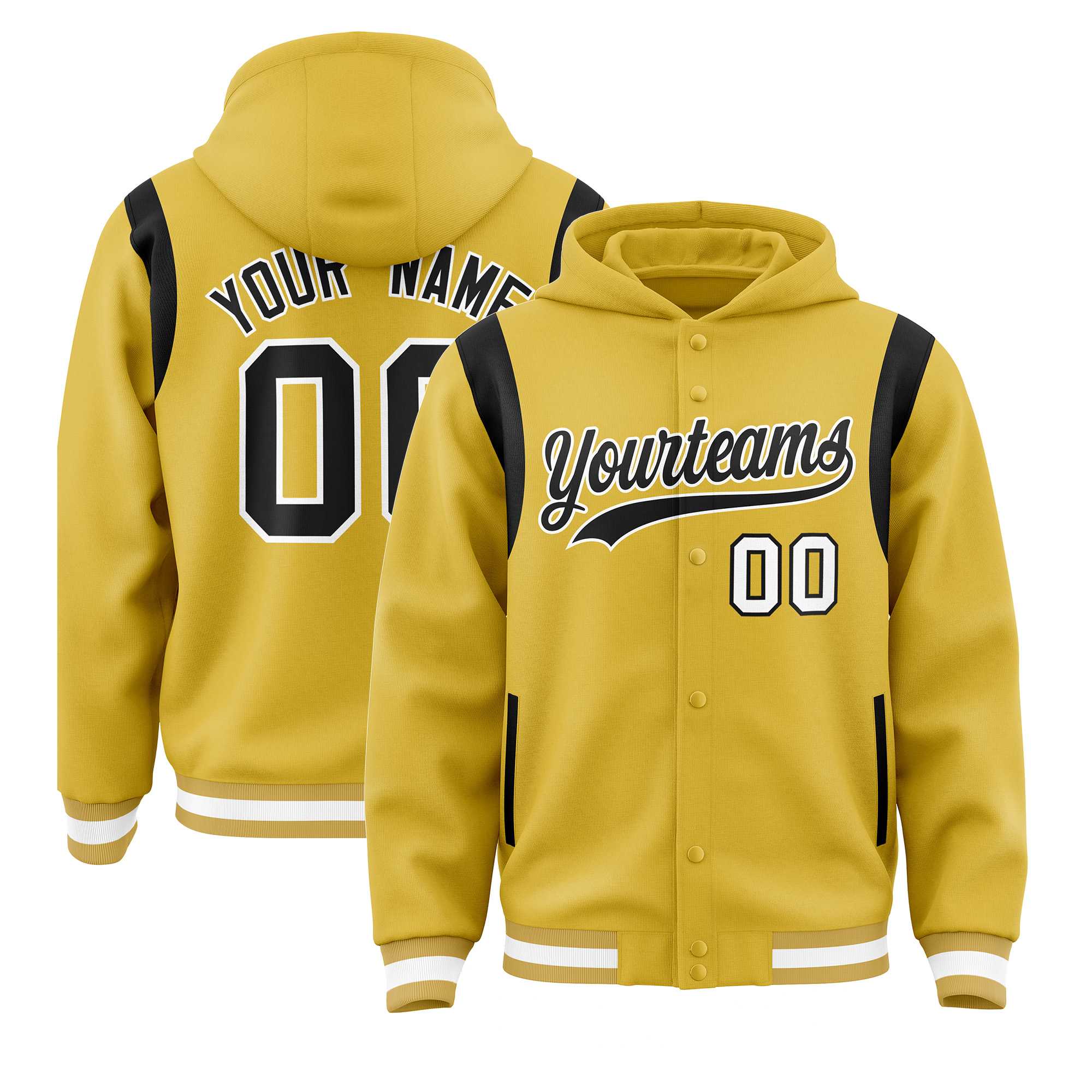 Custom Old Gold Black Varsity Full-Snap Letterman Shoulder Color Block Hoodie Jacket