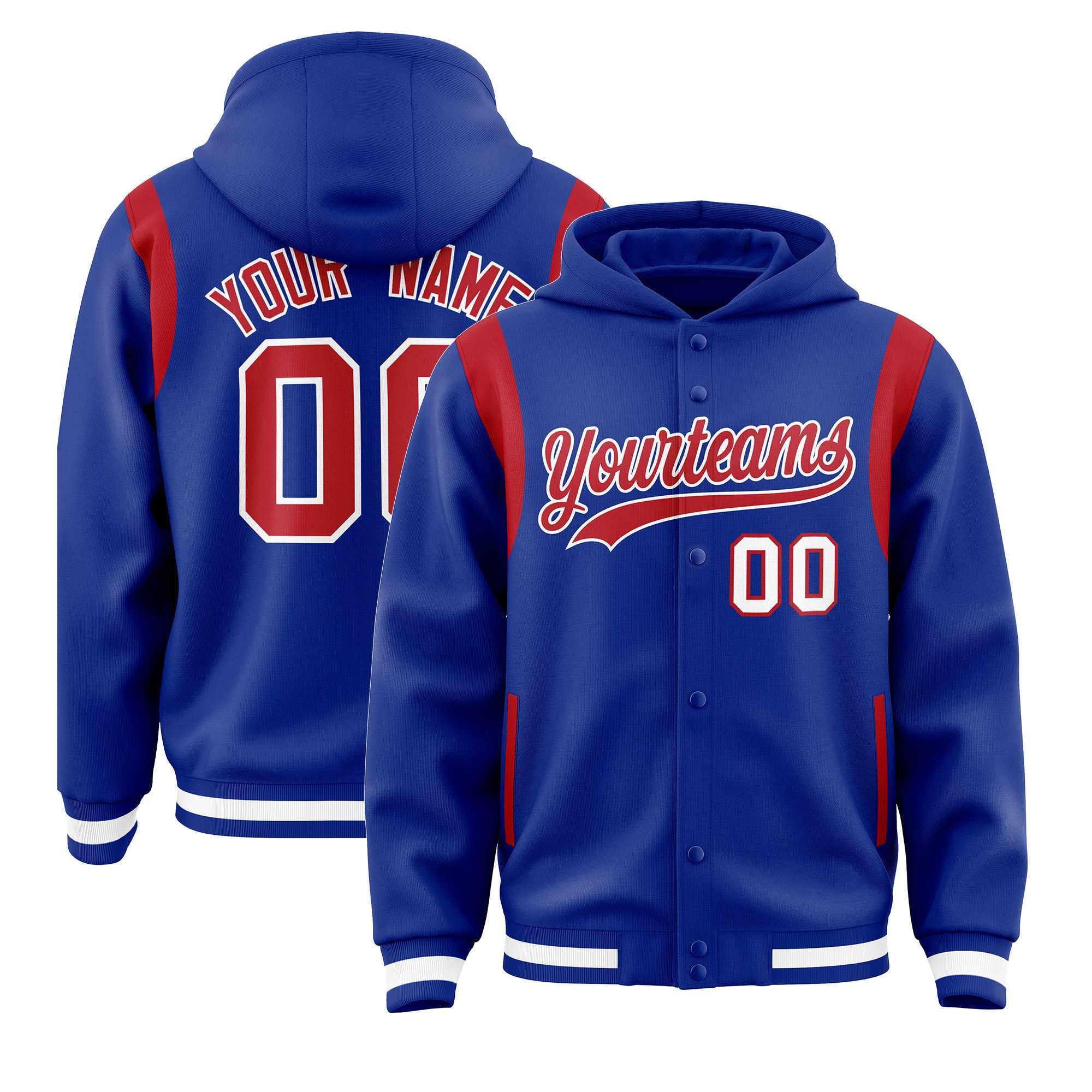 Custom Royal Red Varsity Full-Snap Letterman Shoulder Color Block Hoodie Jacket