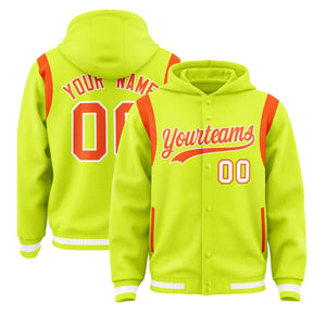 Custom Fluorescent Green Orange Varsity Full-Snap Letterman Shoulder Color Block Hoodie Jacket