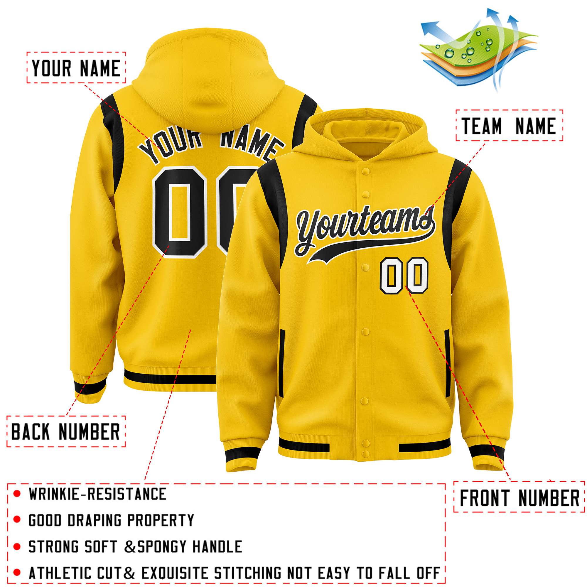 Custom Gold Black Varsity Full-Snap Letterman Shoulder Color Block Hoodie Jacket