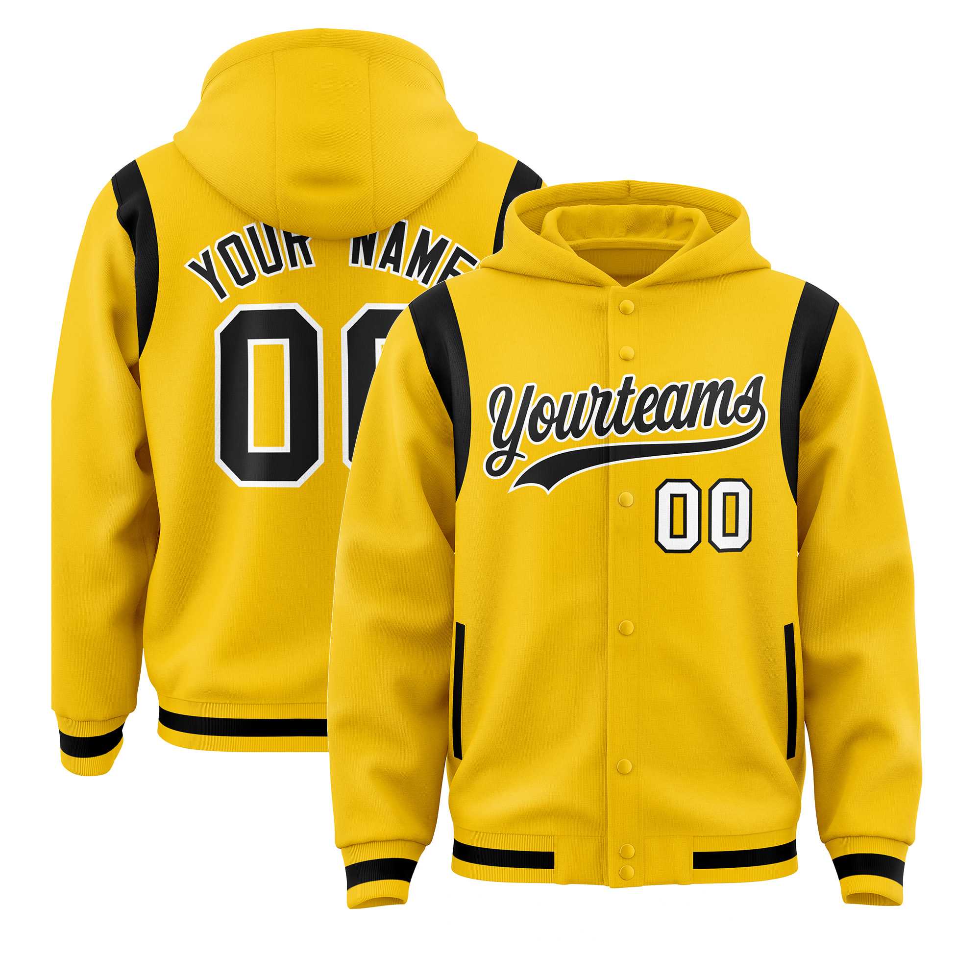 Custom Gold Black Varsity Full-Snap Letterman Shoulder Color Block Hoodie Jacket