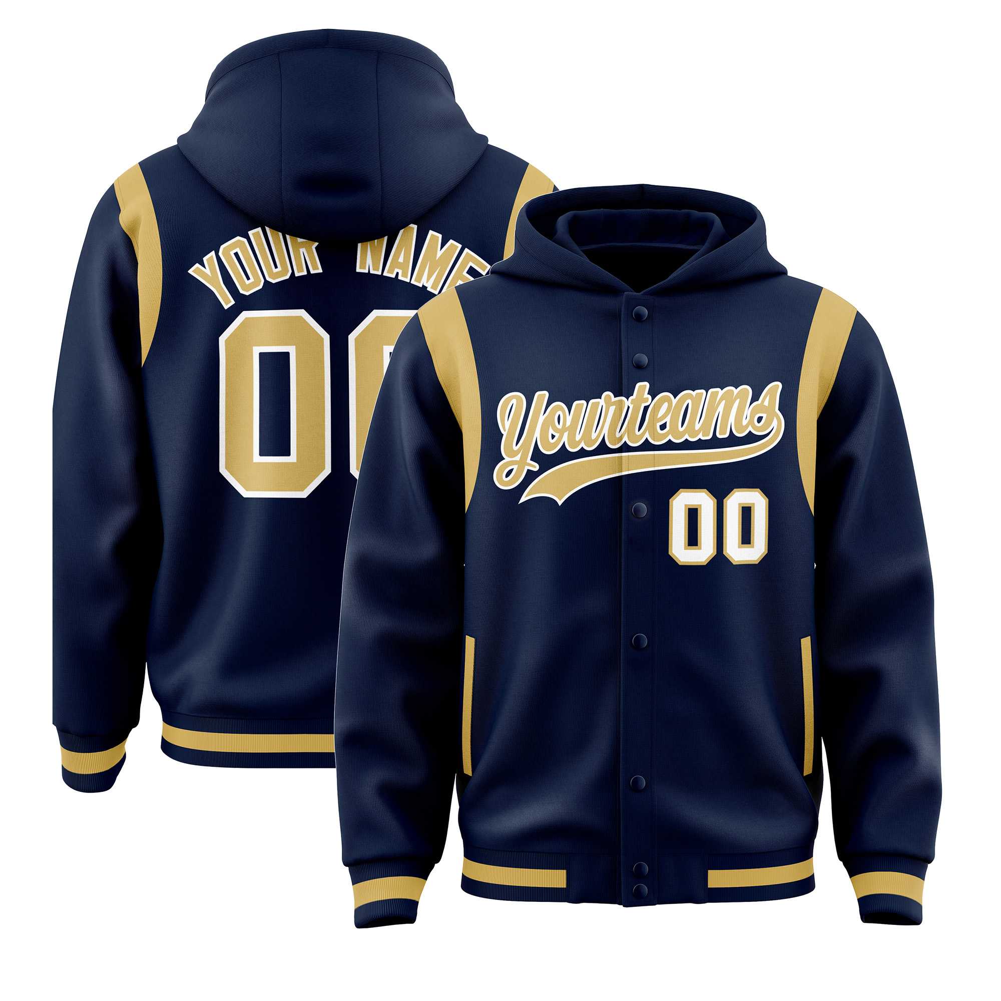 Custom Navy Old Gold Varsity Full-Snap Letterman Shoulder Color Block Hoodie Jacket