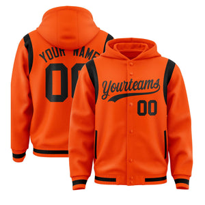 Custom Orange Black Varsity Full-Snap Letterman Shoulder Color Block Hoodie Jacket