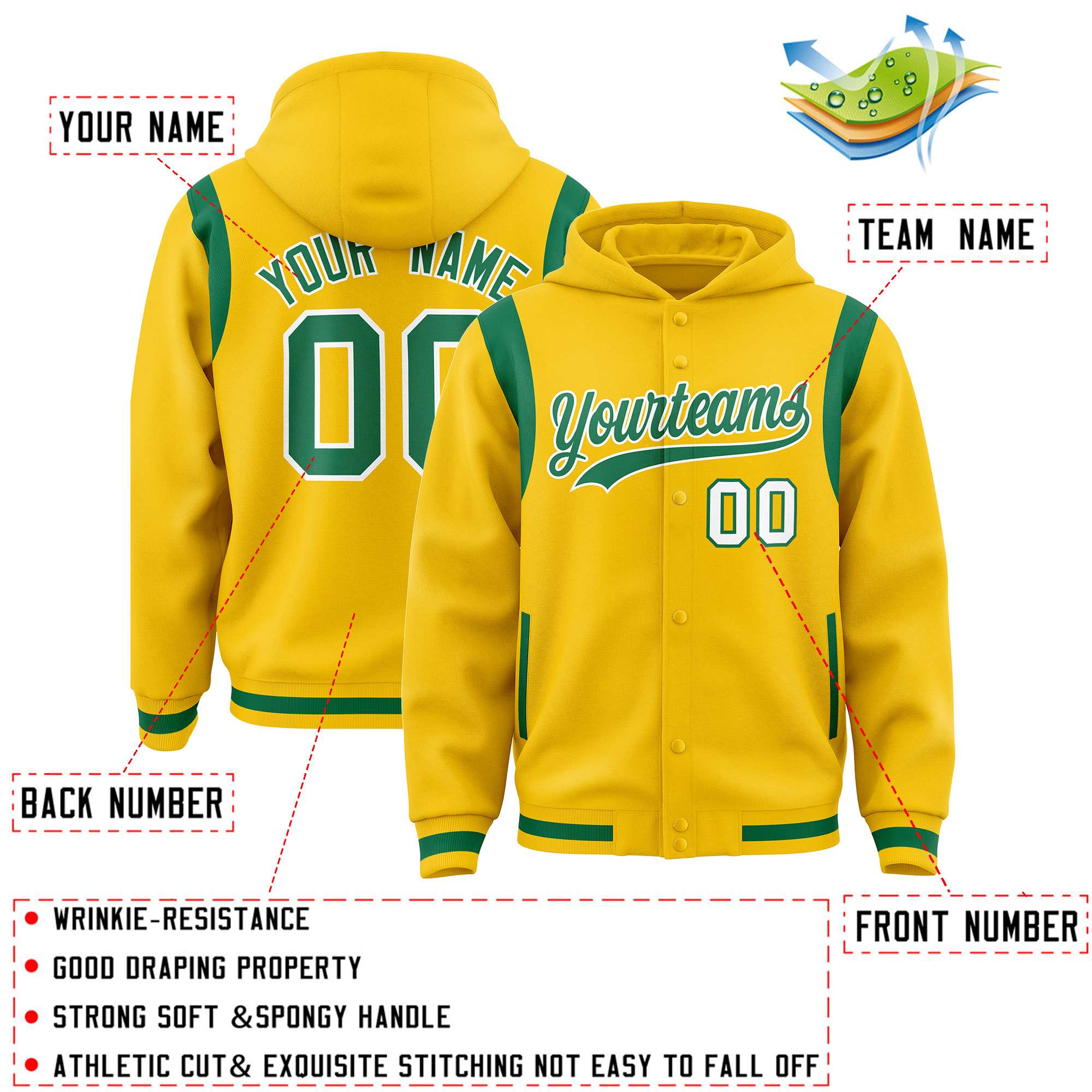 Custom Gold Kelly Green Varsity Full-Snap Letterman Shoulder Color Block Hoodie Jacket