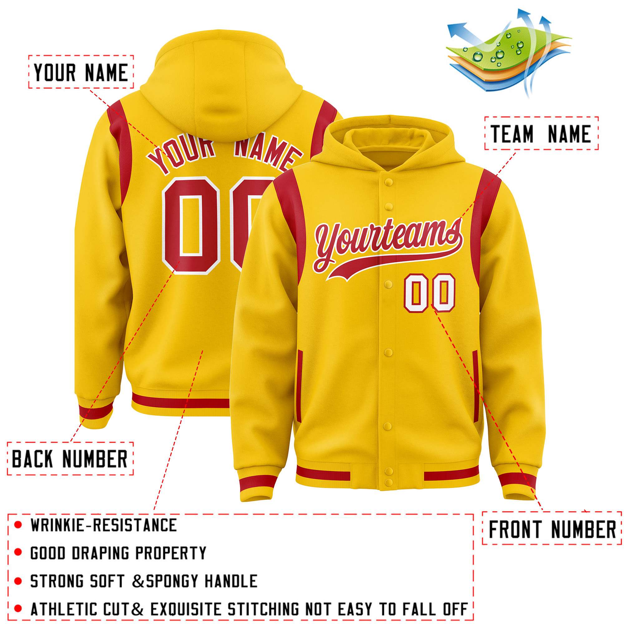 Custom Gold Red Varsity Full-Snap Letterman Shoulder Color Block Hoodie Jacket