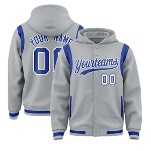 Custom Silver Royal Varsity Full-Snap Letterman Shoulder Color Block Hoodie Jacket