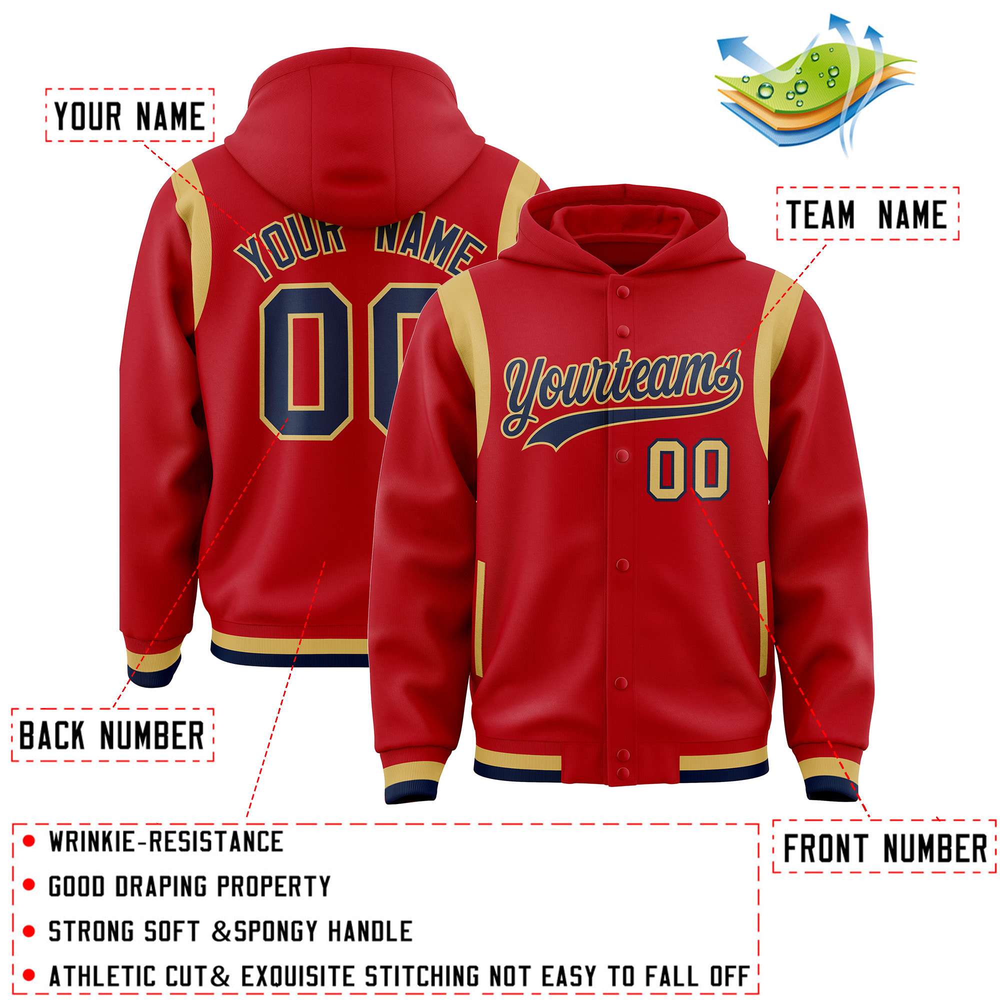 Custom Red Navy Varsity Full-Snap Letterman Shoulder Color Block Hoodie Jacket