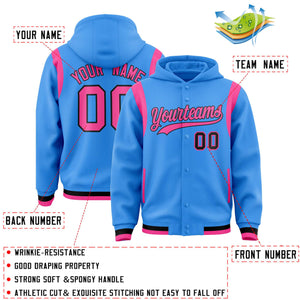 Custom Powder Blue Pink Varsity Full-Snap Letterman Shoulder Color Block Hoodie Jacket